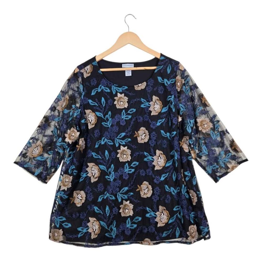 Catherines Embroidered Mesh Top 1X Black Floral Romantic Feminine Art To Wear